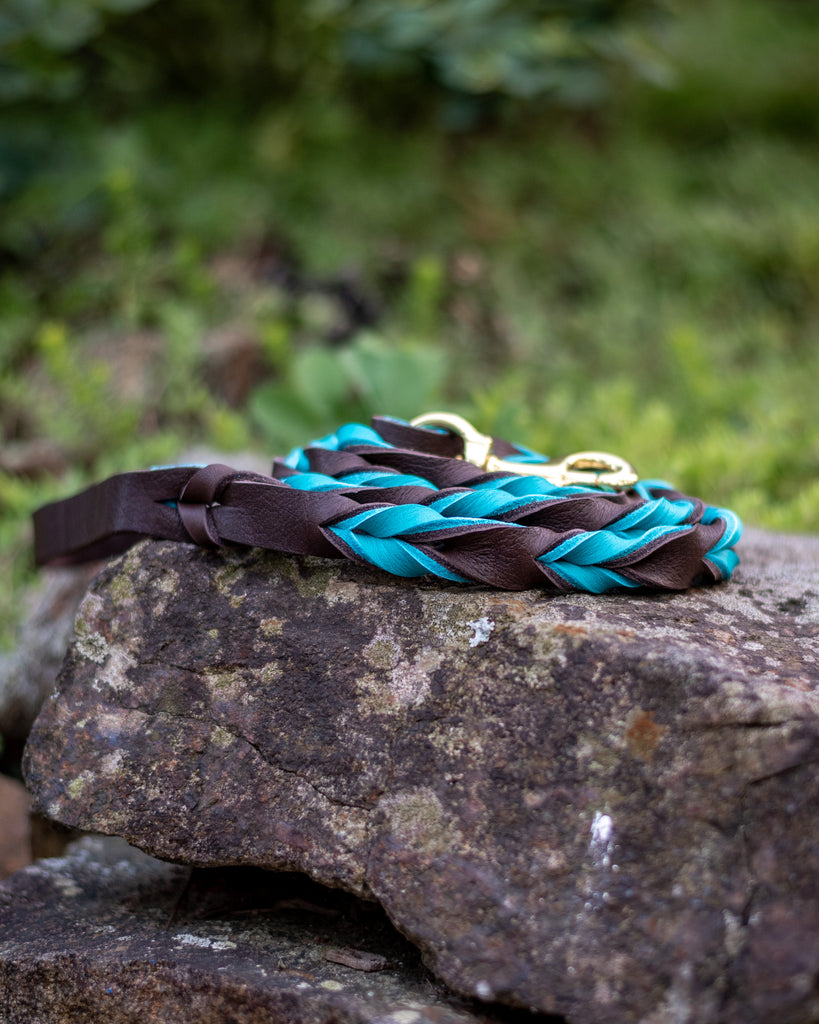 Chocolate and Turquoise Bullhide Leash - 3/4" wide - 5' long - solid brass snap
