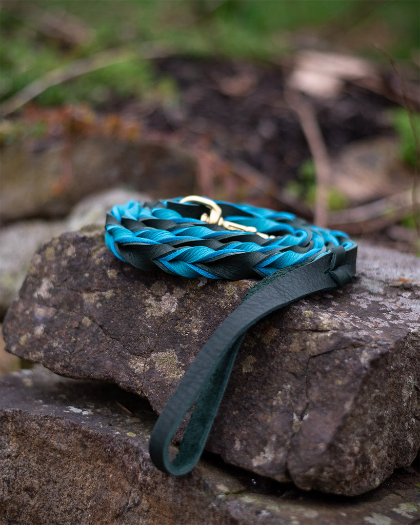 Forest and Turquoise Bullhide Leash - 3/4" wide - 3' long - solid brass snap