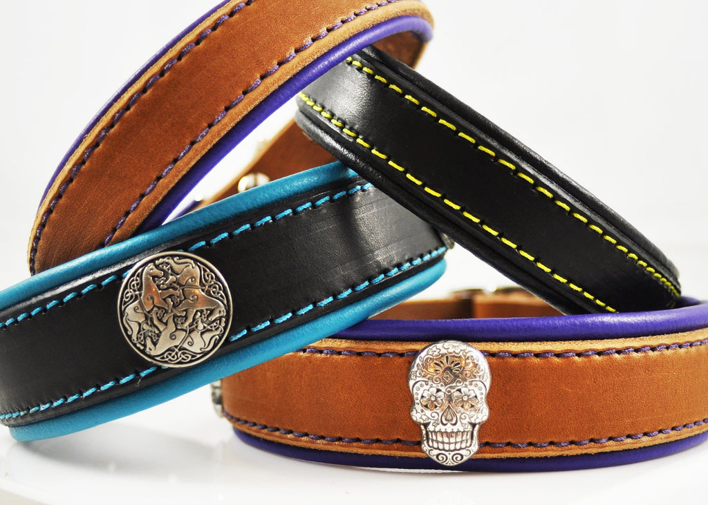 Latigo Leather collars with lining, colored stitching and conchos